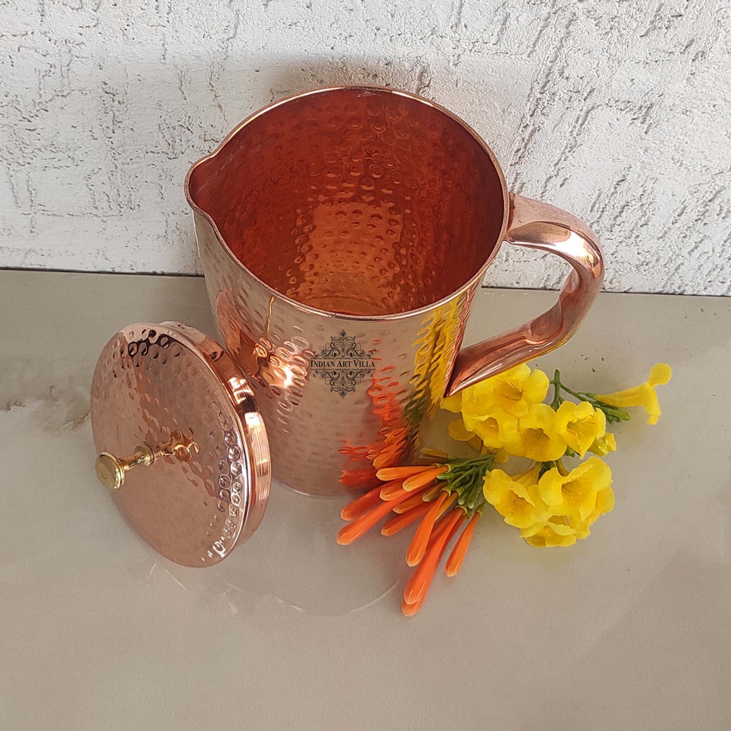 Indian Art Villa Pure Copper Hammered Antique Design Jug, Pitcher with Brass Knob on Lid