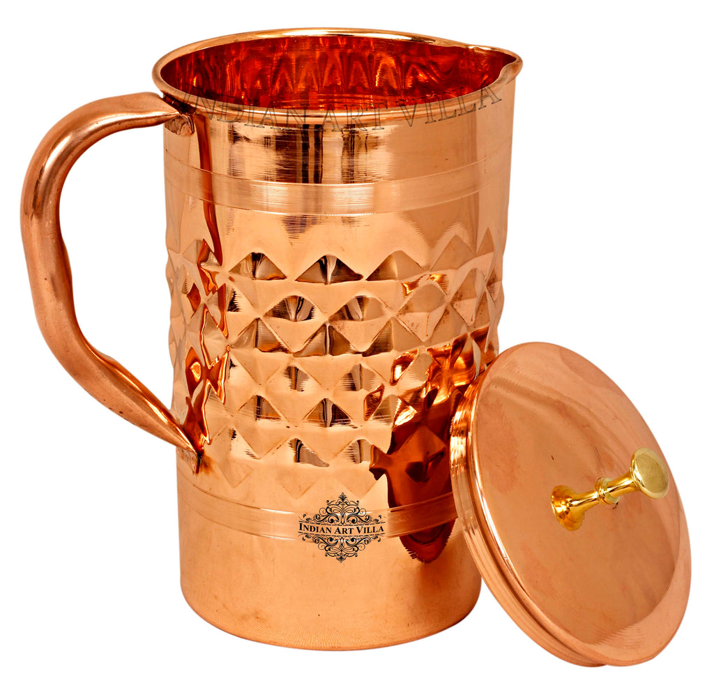 IndianArtVilla, Pure Copper  Diamond Hammered Design Jug  with Brass Knob- 1000 ML