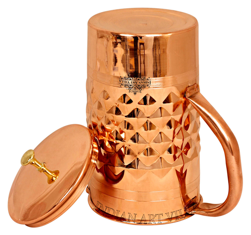 IndianArtVilla, Pure Copper  Diamond Hammered Design Jug  with Brass Knob- 1000 ML