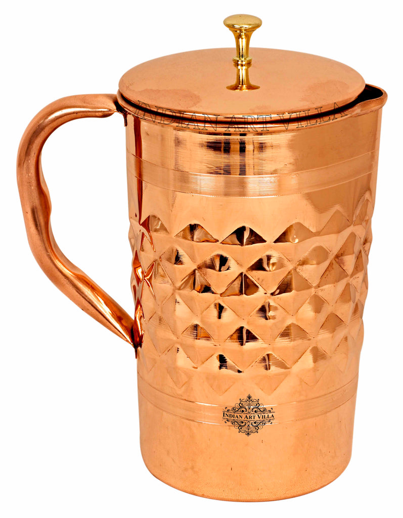 IndianArtVilla, Pure Copper  Diamond Hammered Design Jug  with Brass Knob- 1000 ML