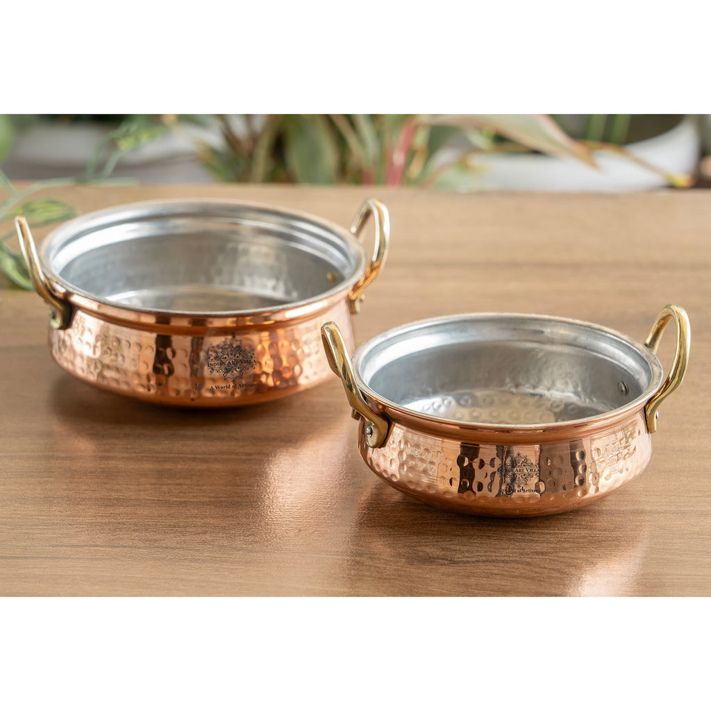 Indian Art Villa Pure Copper Handi With Handle Inside Tin Lining, Hammered Design, Serveware & Tableware