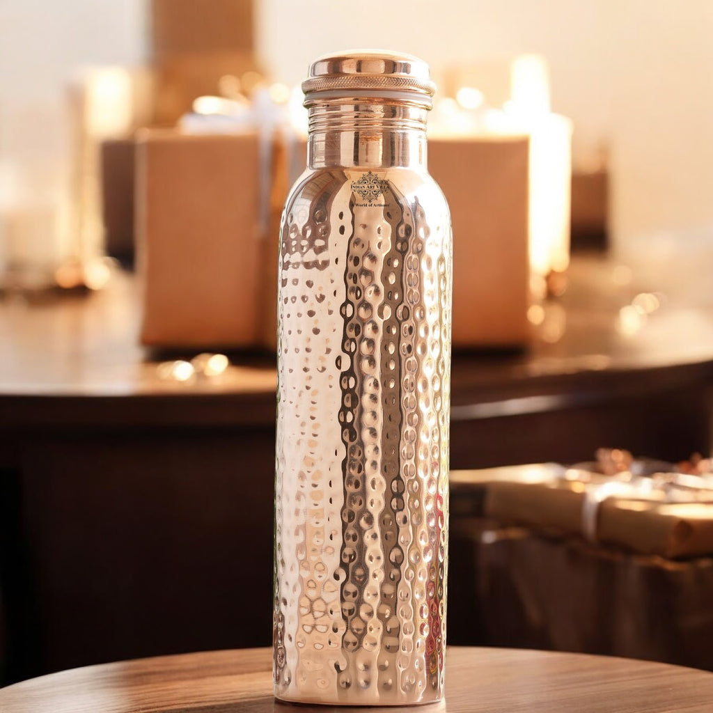 Indian Art Villa Handcrafted Pure Copper Hammered Design Water Bottle, Good for Health, Drinkware