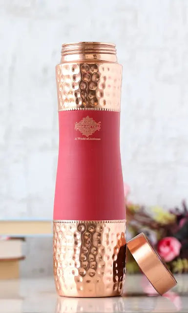 Indian Art Villa Copper Half Hammered Half Red Coloured Champion Design Bottle in silk finish, Volume- 1000 ML