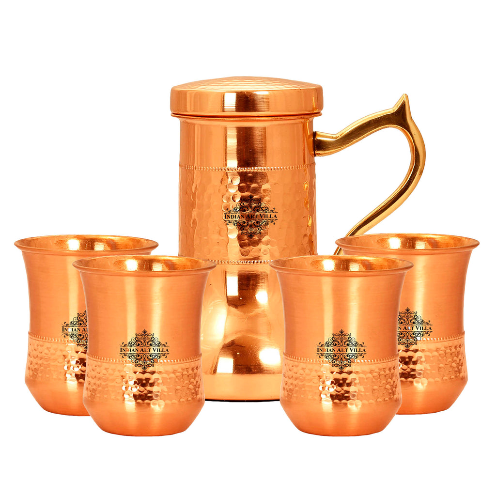 Indian Art Villa Copper Designer Hammered & Smooth Bedroom Bottle With handle and Copper Glasses,Drinkware, Diwali Anniversary Party Christmas Gift Set