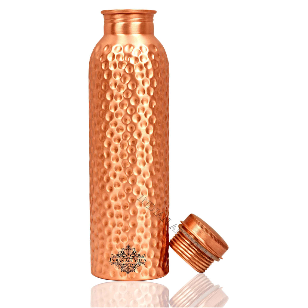 Indian Art Villa Pure Copper Bottle with glass & Gift Box, Hammered Lacquer Coated Design, Diwali Marriage party Gift Set