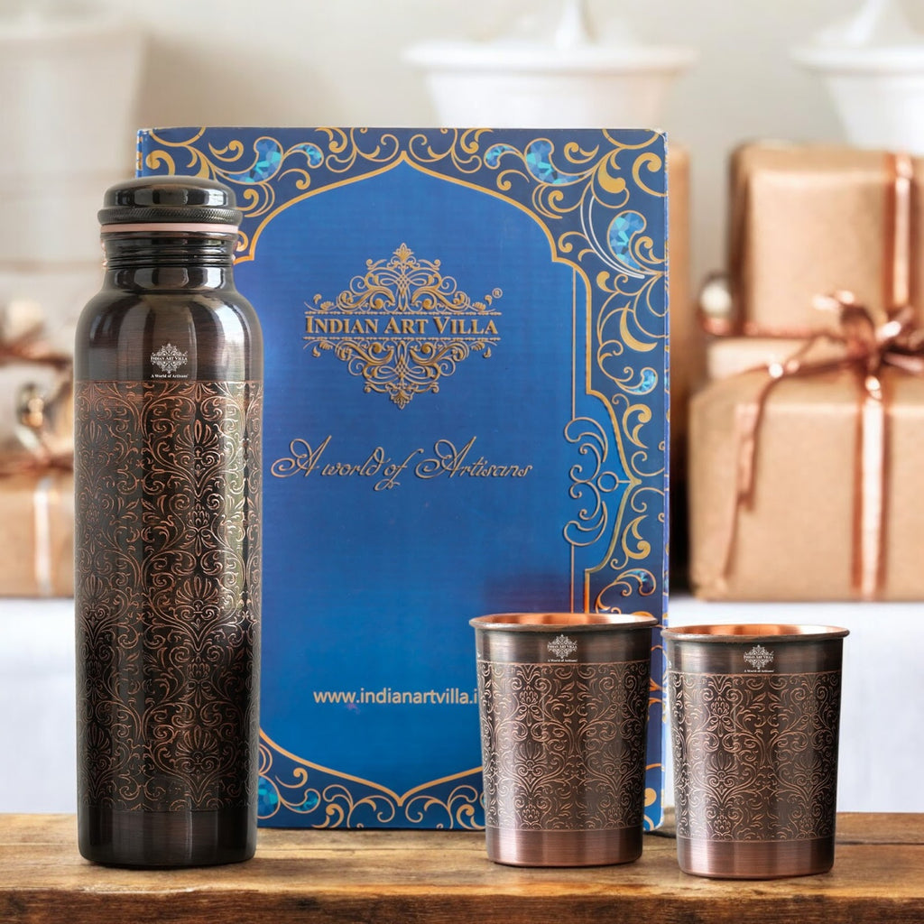 Indian Art Villa Pure Copper Drinkware Gift Set - Antique Dark Finish, Embossed Design, Water Bottle