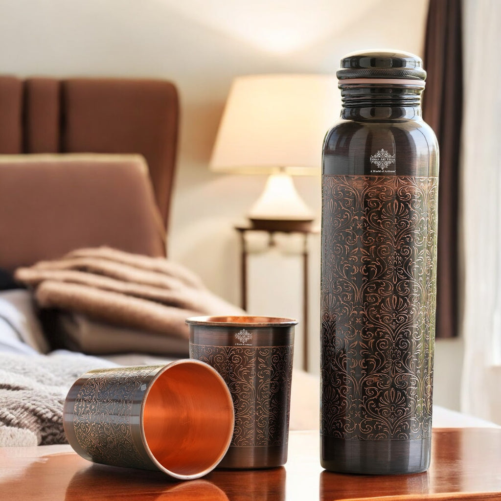 Indian Art Villa Pure Copper Drinkware Gift Set - Antique Dark Finish, Embossed Design, Water Bottle