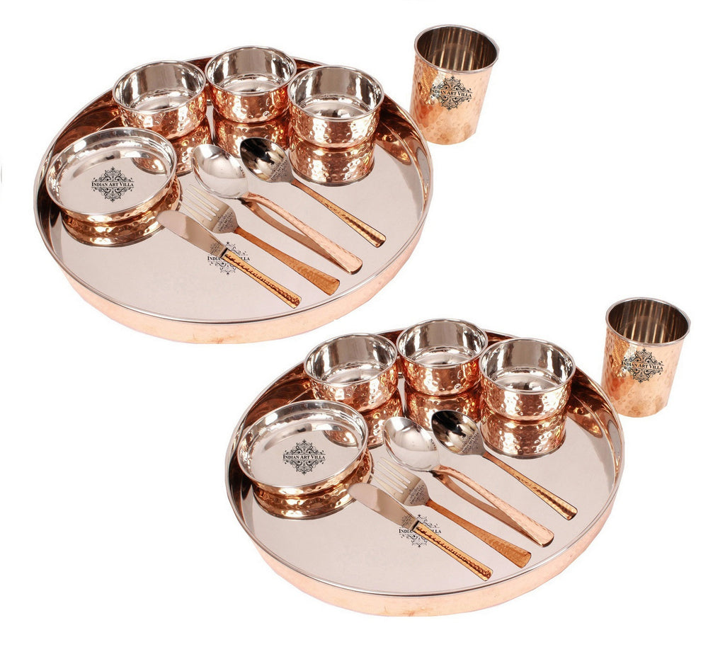 IndianArtVilla Hammered Steel Copper Thali Dinner Set, Tableware & Dinnerware,10 Pieces, 33.02 cm