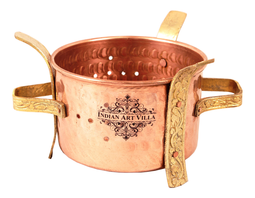 Indian Art Villa Kitchen Set of 1 Copper Sigri with Brass Stand & 1 Steel Copper Kadai with 1 Serving Spoon - Food Warmer, Dishes, Hotel, Restaurants