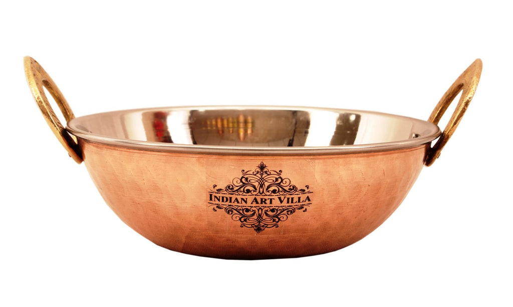 Indian Art Villa Kitchen Set of 1 Copper Sigri with Brass Stand & 1 Steel Copper Kadai with 1 Serving Spoon - Food Warmer, Dishes, Hotel, Restaurants