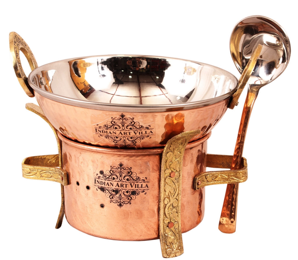 Indian Art Villa Kitchen Set of 1 Copper Sigri with Brass Stand & 1 Steel Copper Kadai with 1 Serving Spoon - Food Warmer, Dishes, Hotel, Restaurants