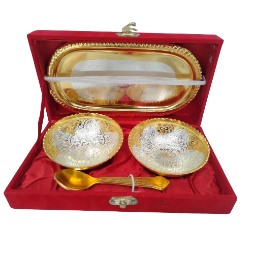 Indian Art Villa Silver Plated Gold Polished Embossed Floral Design 2 Bowl Set With 2 Spoons & 1 Tray