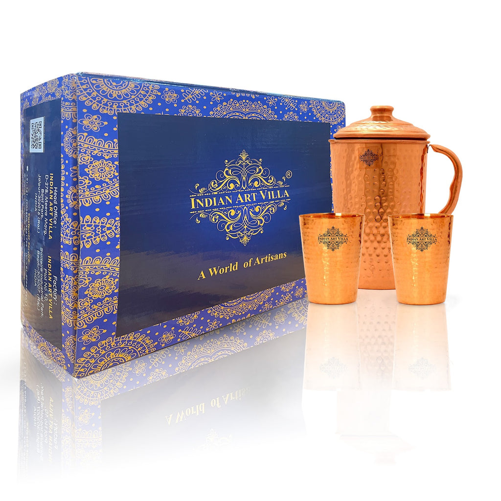 IndianArtVilla Handcrafted Pure Copper Hammered Design Drinkware Gift Set with 1 Jug (1700ml), 2 Glasses (400ml)