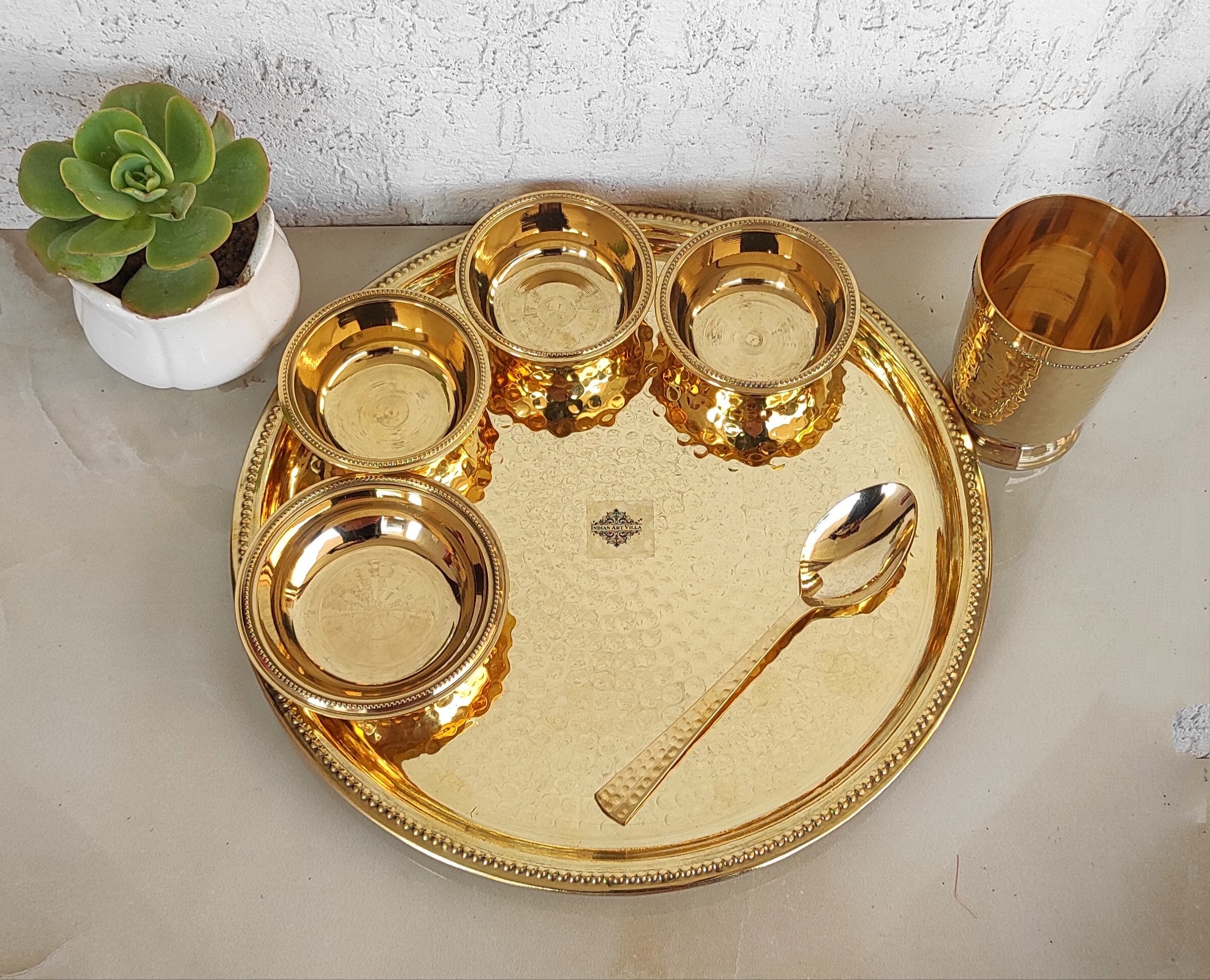 Brass Thali Dinner set of 7, Mughlai Style, Embossed Design