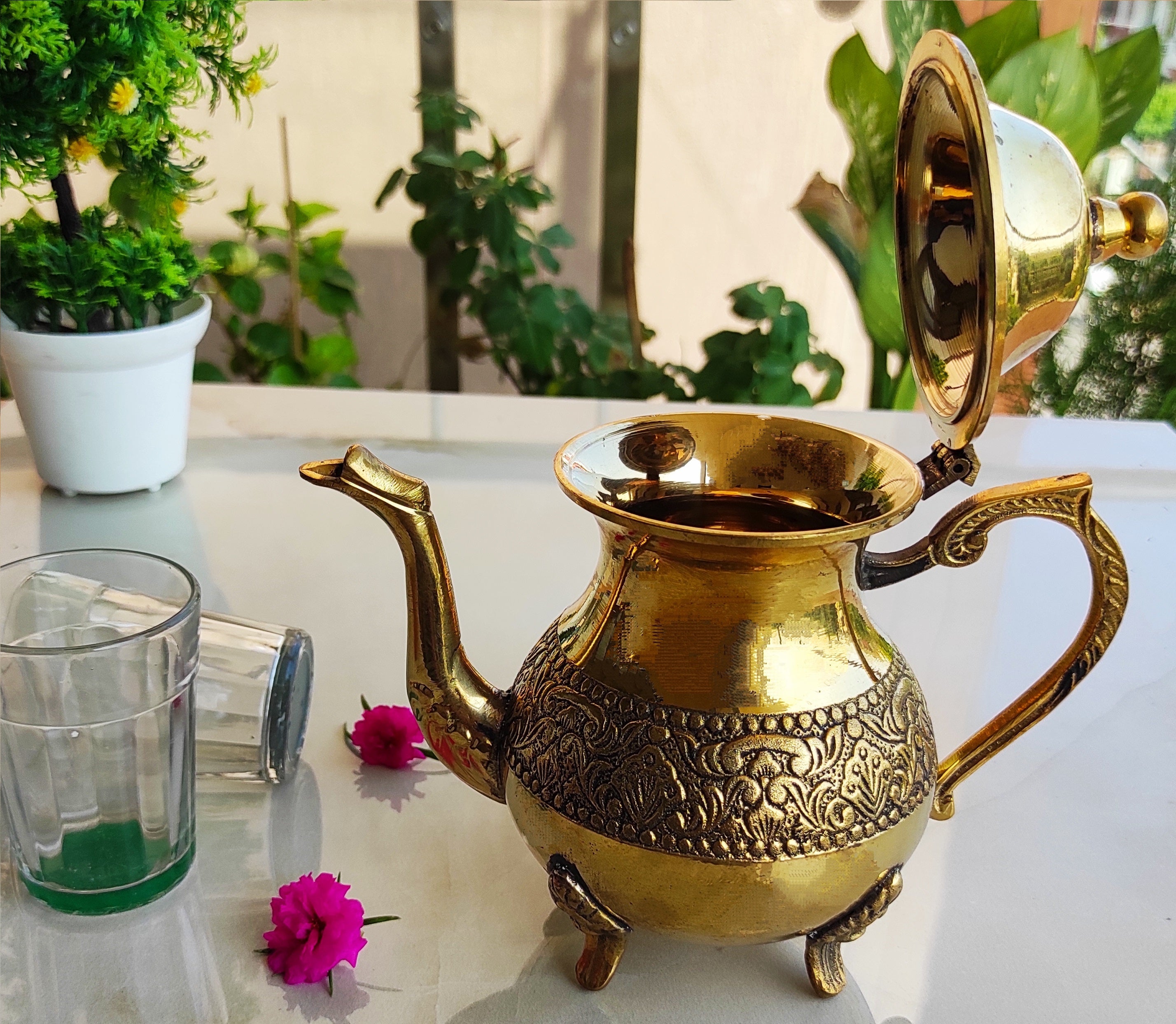 Antique Brass Teapot and Cups, Very Old Indian Tea Set, Brass