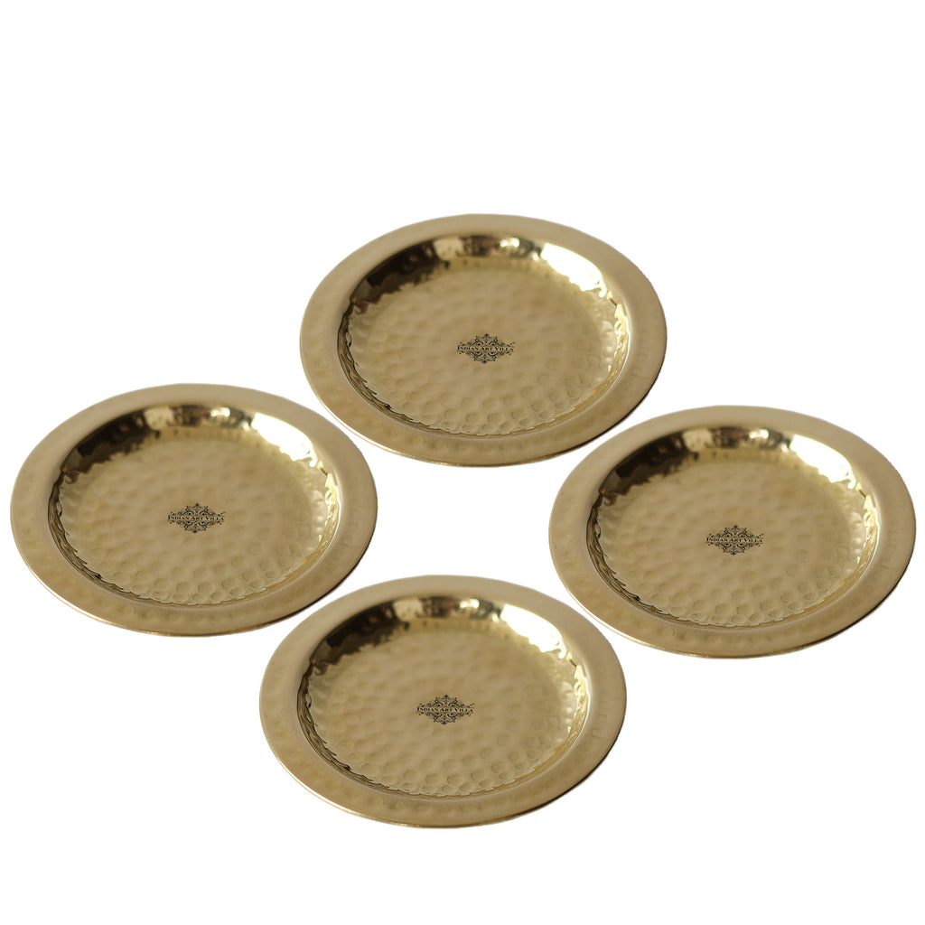 IndianArtVilla Handcrafted Pure Brass Coaster With Hammered Design, Diameter-11.43 cm, Gold