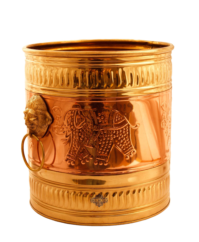 IndianArtVilla Pure Brass Planter With Embossed & Lining Design & Handle, Size- 31.75 cm x 34.29 cm