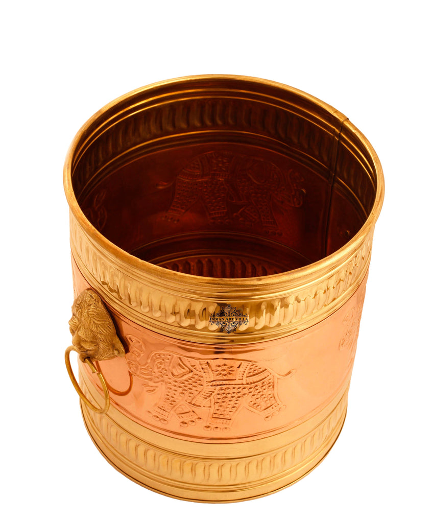 IndianArtVilla Pure Brass Planter With Embossed & Lining Design & Handle, Size- 31.75 cm x 34.29 cm