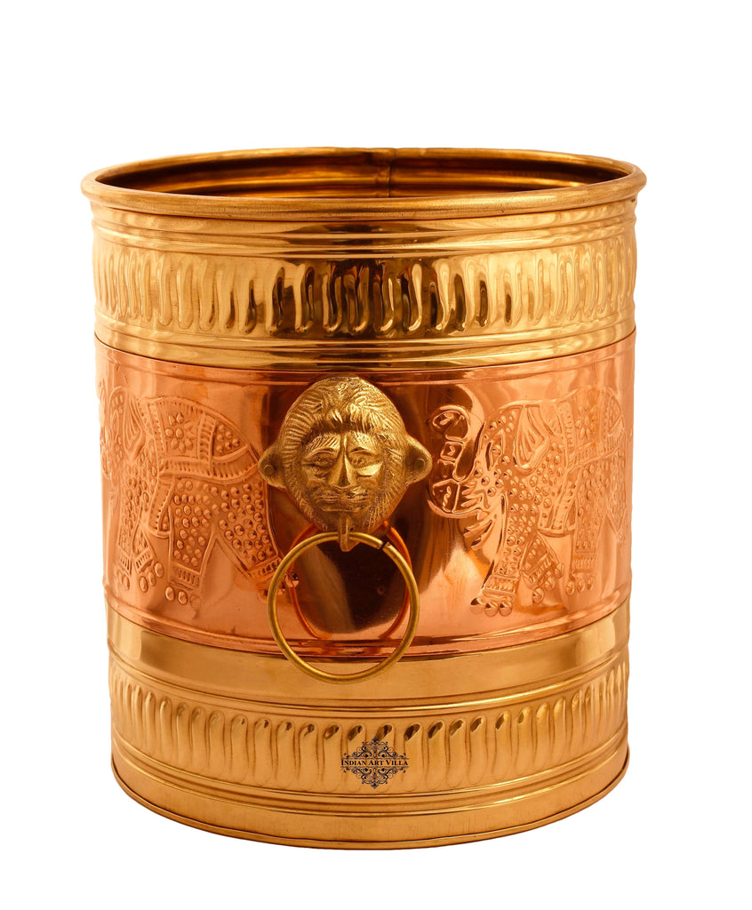 IndianArtVilla Pure Brass Planter With Embossed & Lining Design & Handle, Size- 31.75 cm x 34.29 cm