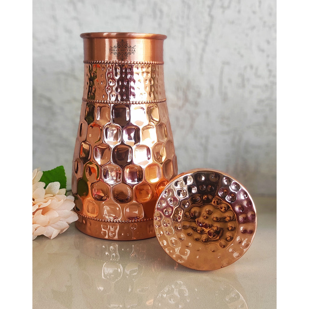 IndianArtVilla Handcrafted Pure Copper Diamond Hammered Design Bedroom Bottle with Inbuilt Glass, Volume- 850 ML