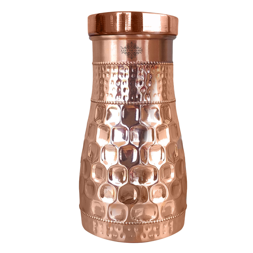 IndianArtVilla Handcrafted Pure Copper Diamond Hammered Design Bedroom Bottle with Inbuilt Glass, Volume- 850 ML