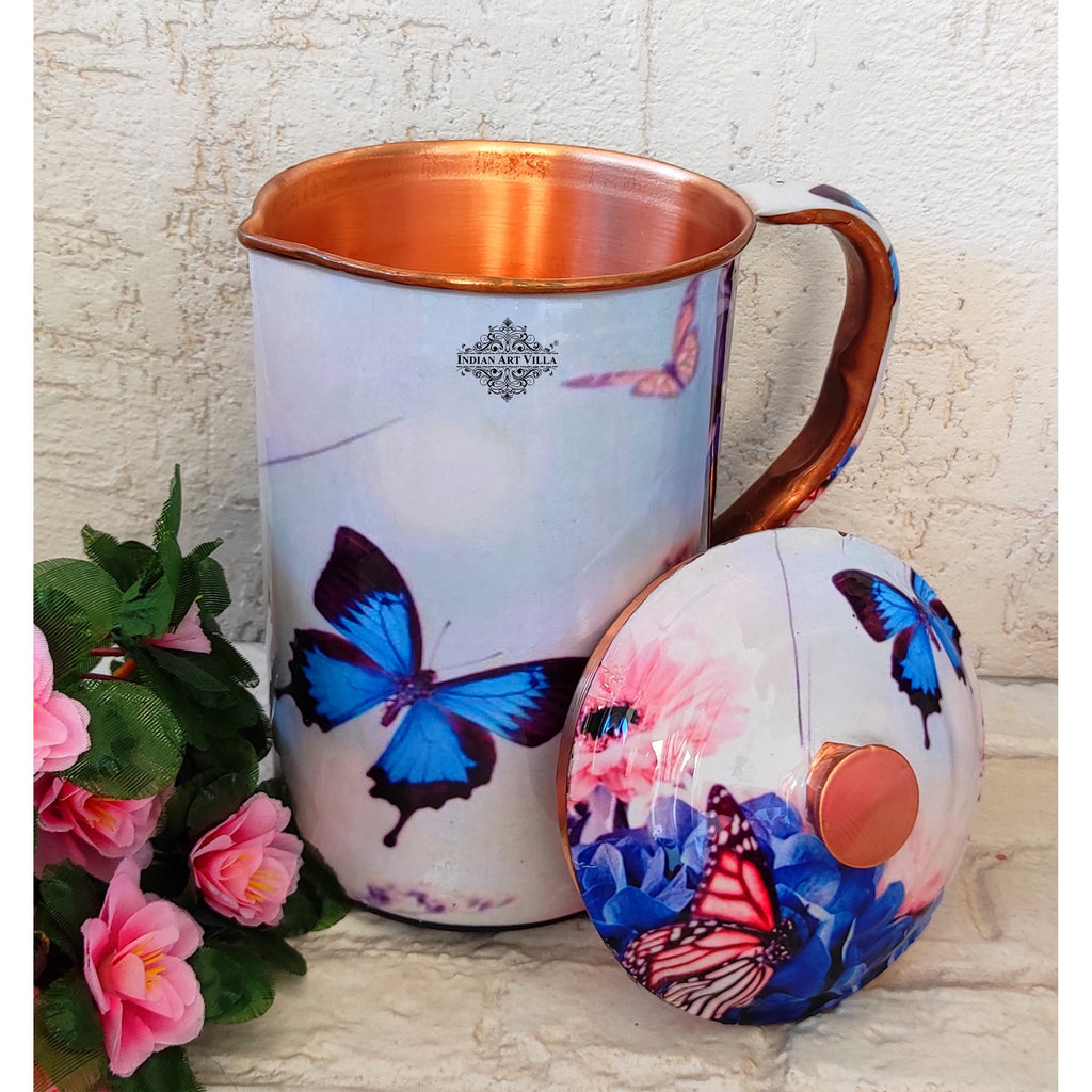 Indian Art Villa Pure Copper Jug With Sky Blue Butterfly Print, Serveware & Drinkware, Beneficial for Health, Volume-2000 ML