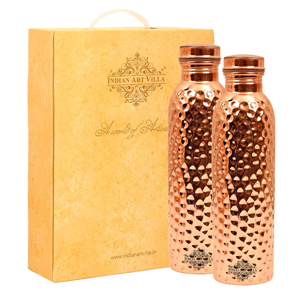 IndianArtVilla Handcrafted Pure Copper Leak Proof Set of 2 Water Bottle with Hammered Design