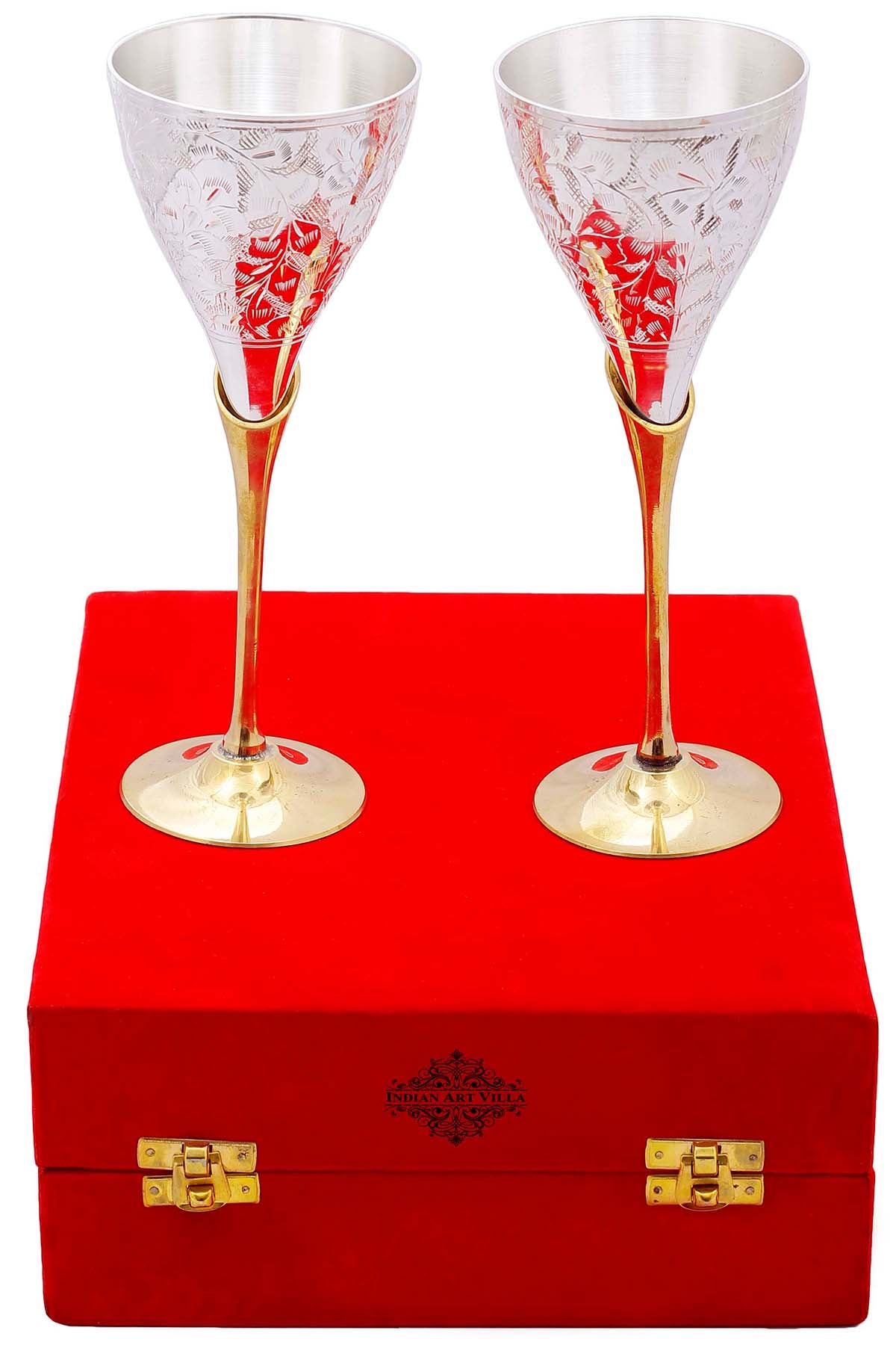 Carved Brass Wine Glass 6 Piece Set Golden Goblet Home Barware